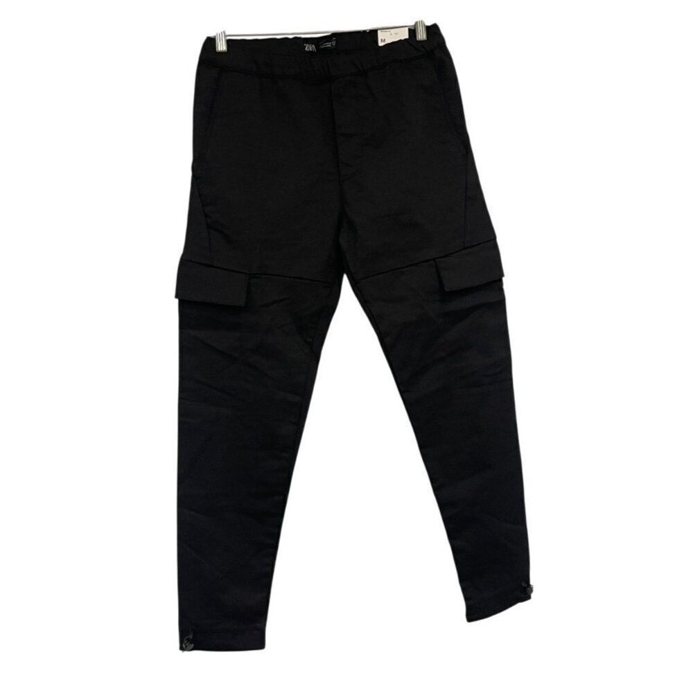 Zara Womens Jogger Pants M Black Cargo Tapered Leg Stretch Utility 5862/479 NWT